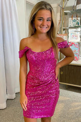 Fuchsia Homecoming Dress Detachable Off the Shoulder Sequin Tight Cocktail Party Dresses