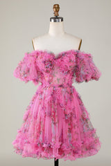 Fuchsia Homecoming Dress Floral A-Line Short Prom Dress