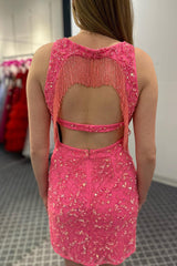 Fuchsia Homecoming Dress Fringed Open Back Tight Short Prom Dress