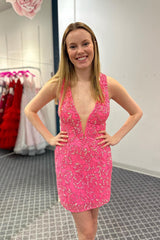 Fuchsia Homecoming Dress Fringed Open Back Tight Short Prom Dress