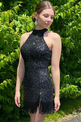 Fuchsia Homecoming Dress Halter Sequin Tight Prom Dress with Fringes