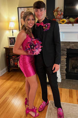 Fuchsia Homecoming Dress Halter Tight Short Prom Dress with Beadings