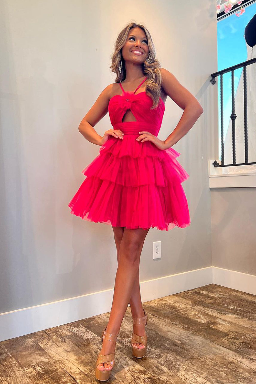 Fuchsia Homecoming Dress Keyhole Halter Tulle A Line Short Cocktail Dresses with Ruffles