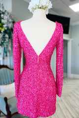 Fuchsia Homecoming Dress Long Sleeves Sequin Tight Short Prom Dress
