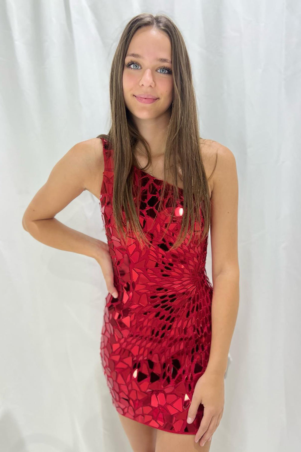 Fuchsia Homecoming Dress Mirror One Shoulder Tight Short Cocktail Dresses