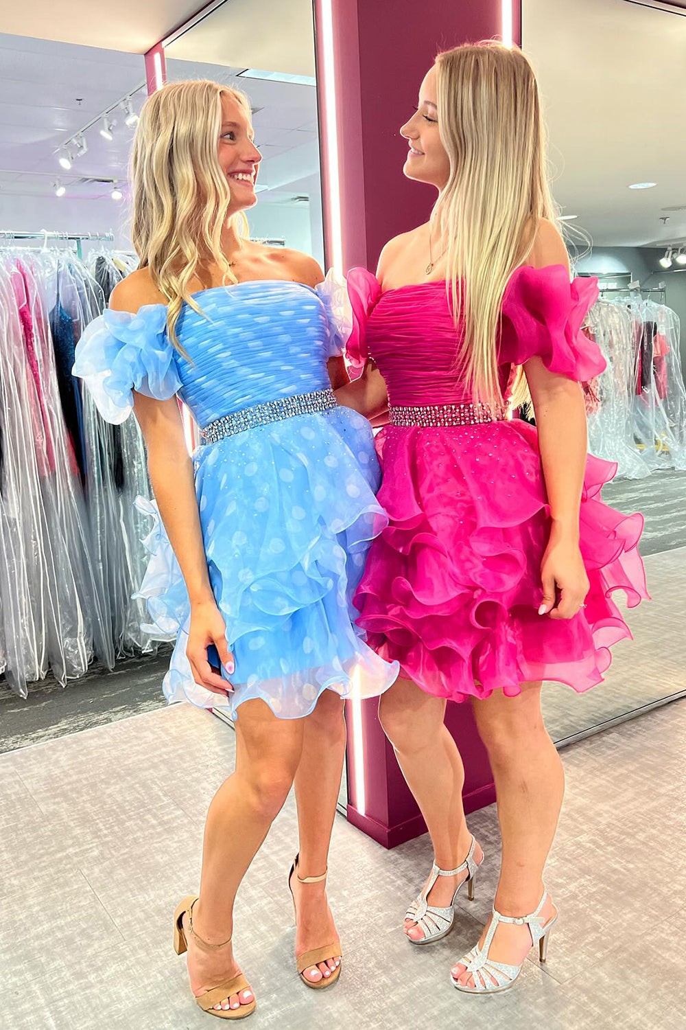 Fuchsia Homecoming Dress Off The Shoulder Ruffled Short Cocktail Dresses