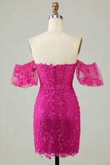 Fuchsia Homecoming Dress Off the Shoulder Bodycon Appliques Prom Dress