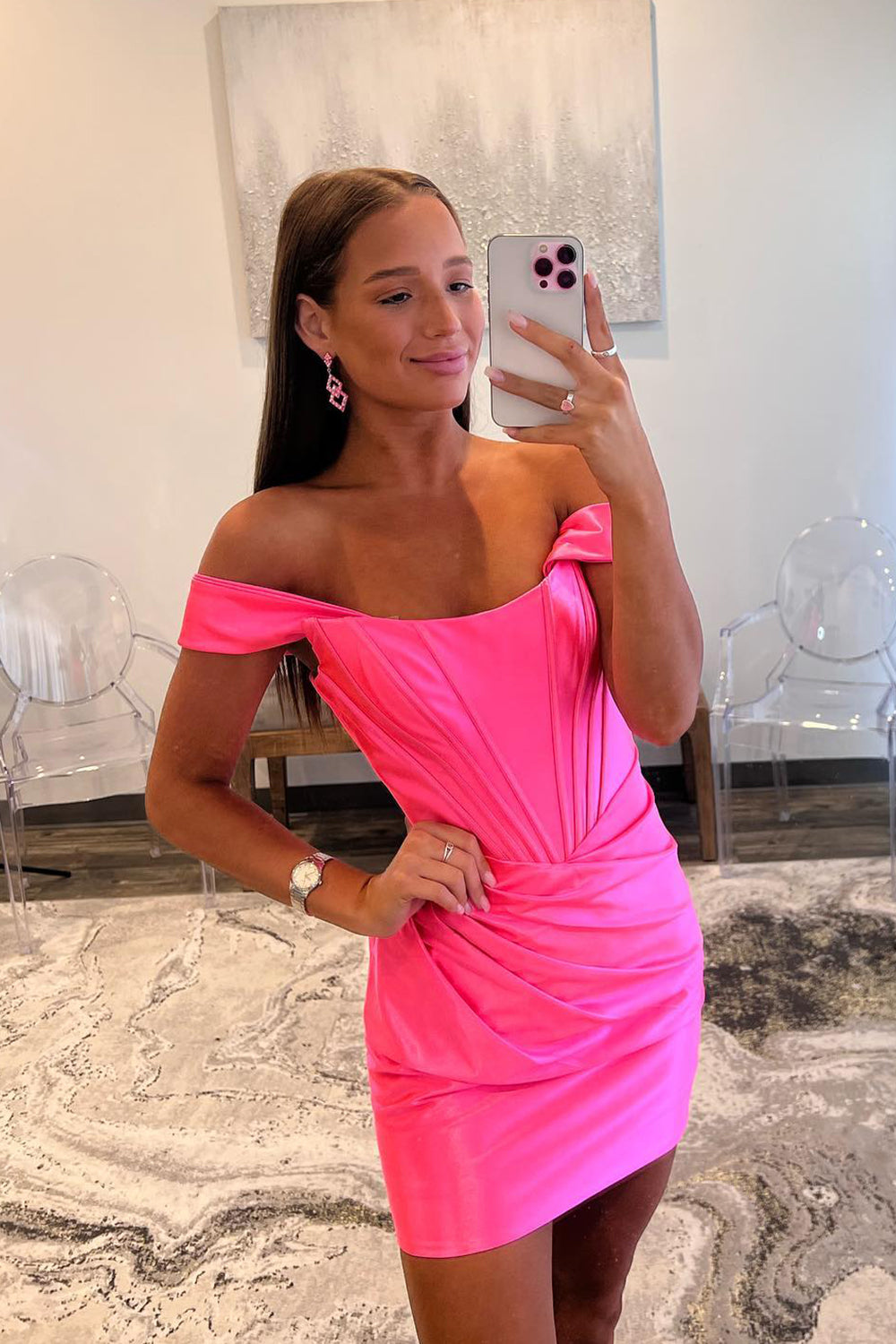 Fuchsia Homecoming Dress Off the Shoulder Ruched Tight Cocktail Party Dresses