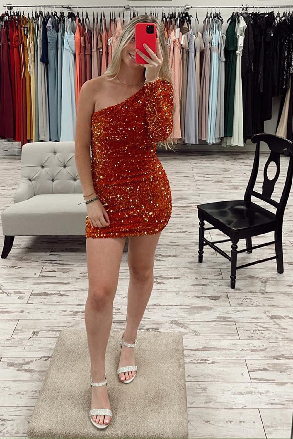 Fuchsia Homecoming Dress One Shoulder One Sleeves Tight Short Sequin Cocktail Party Dresses
