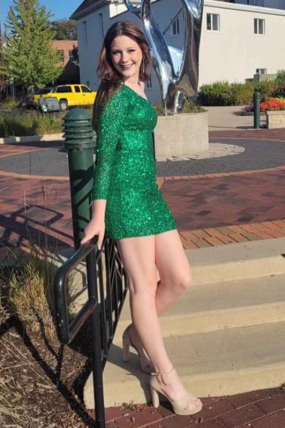 Fuchsia Homecoming Dress One Shoulder One Sleeves Tight Short Sequin Cocktail Party Dresses