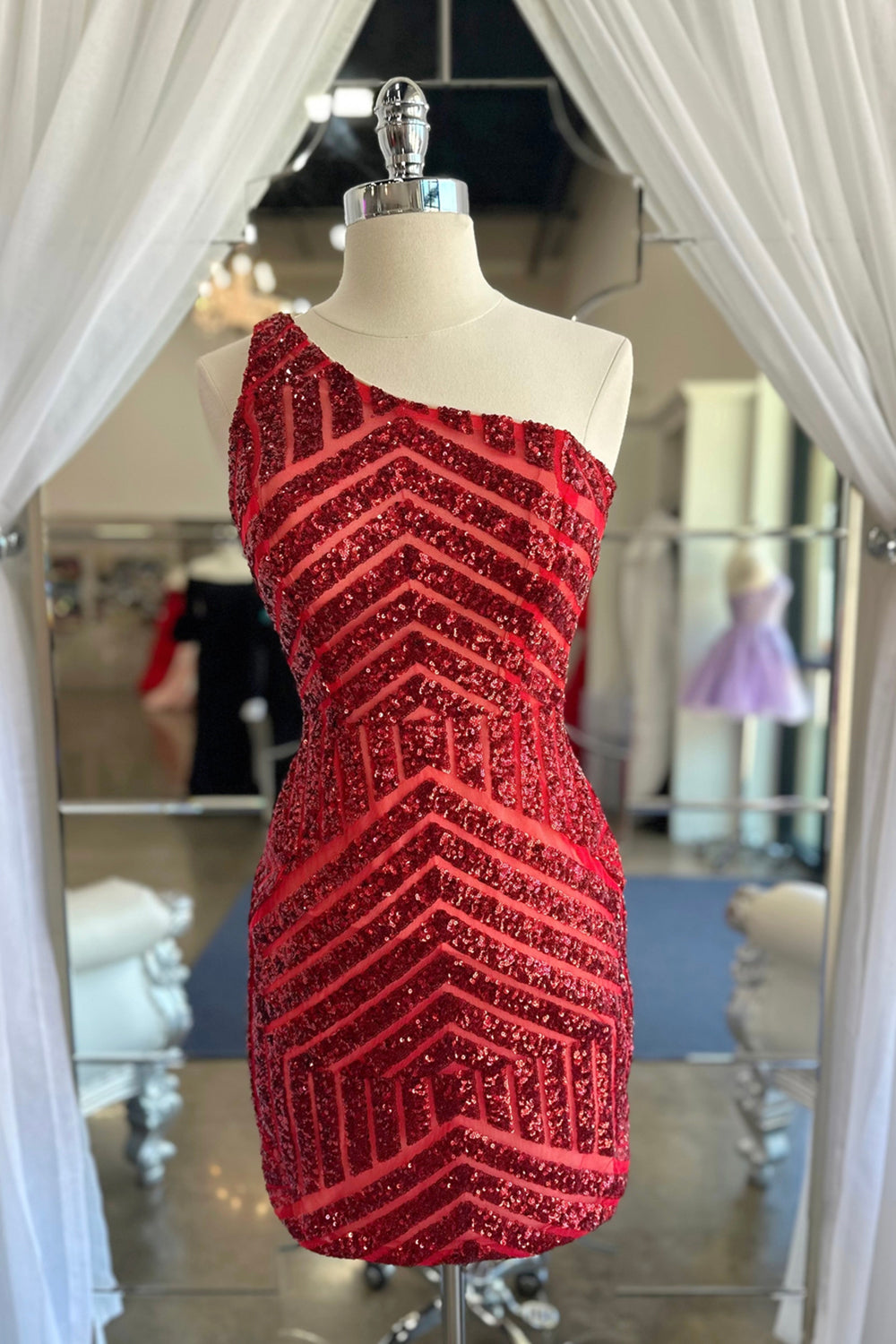 Fuchsia Homecoming Dress One Shoulder Sequin Tight Short Cocktail Dresses