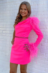 Fuchsia Homecoming Dress One Shoulder Sequined Tight Short Prom Dress with Feathers