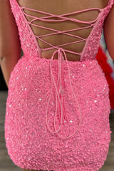 Fuchsia Homecoming Dress Sequin Corset Tight Short Prom Dress
