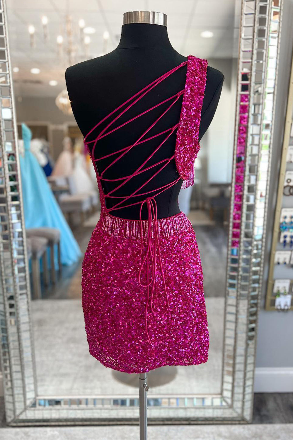 Fuchsia Homecoming Dress Sequin Fringed Cut Out Tight Short Prom Dress