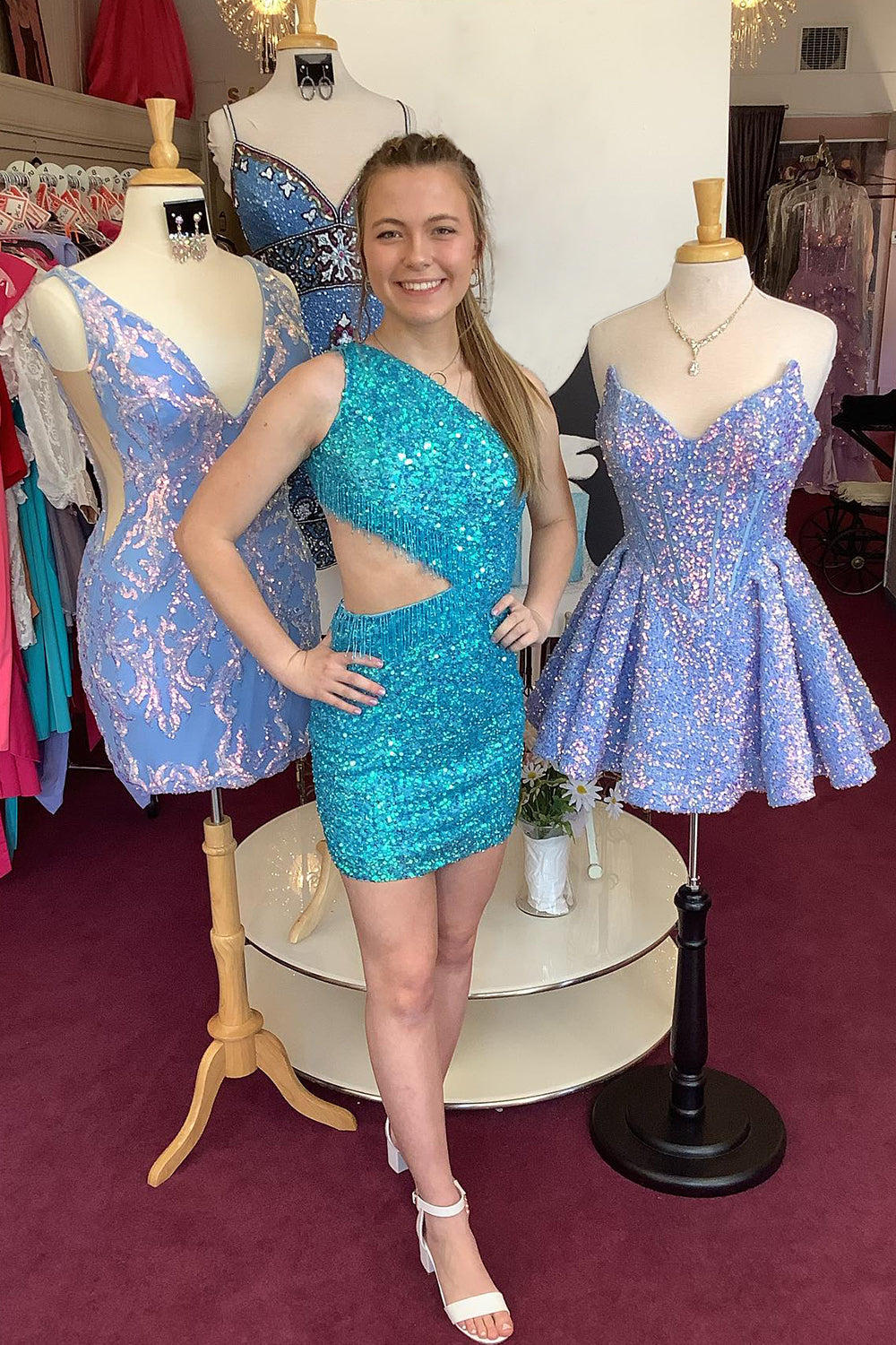 Fuchsia Homecoming Dress Sequin Fringed Cut Out Tight Short Prom Dress