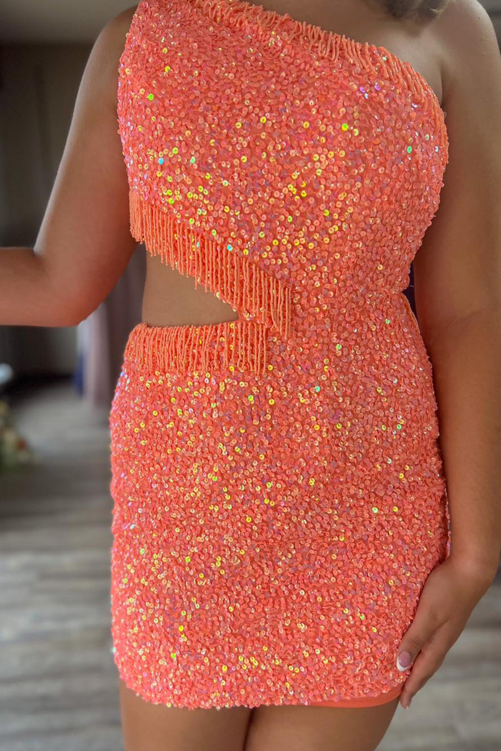 Fuchsia Homecoming Dress Sequin Fringed Cut Out Tight Short Prom Dress