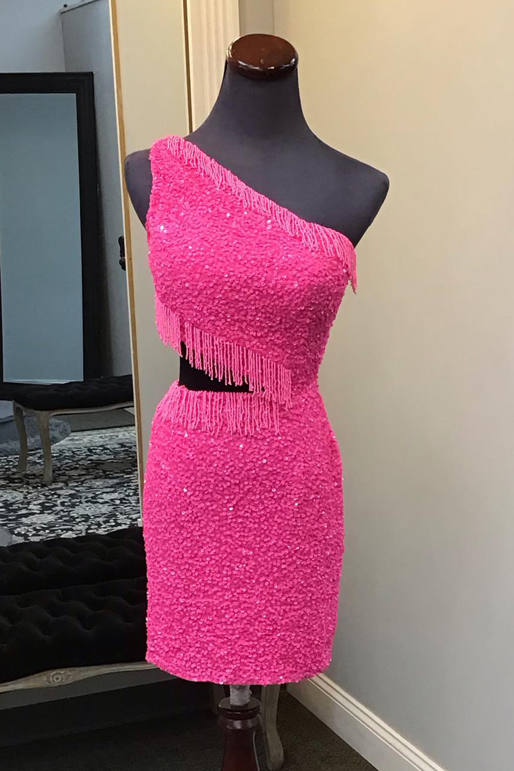 Fuchsia Homecoming Dress Sequin Fringed Cut Out Tight Short Prom Dress