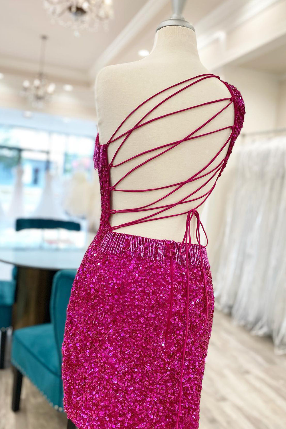 Fuchsia Homecoming Dress Sequin Fringed Cut Out Tight Short Prom Dress