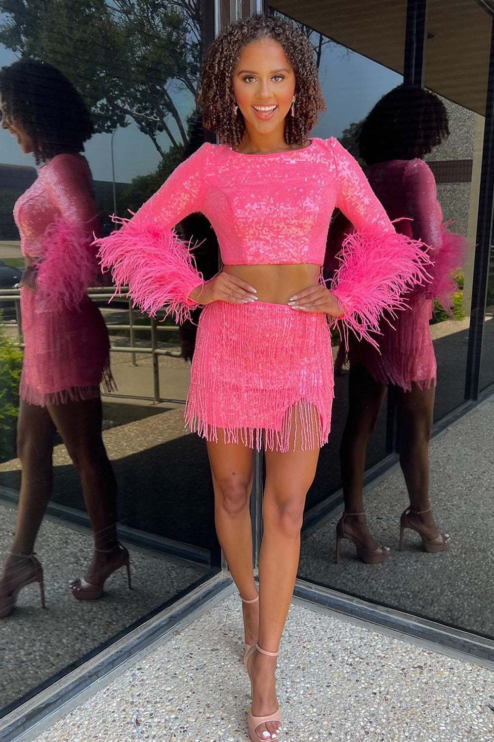 Fuchsia Homecoming Dress Sequin Fringed Tight Short Cocktail Dresses with Feathers