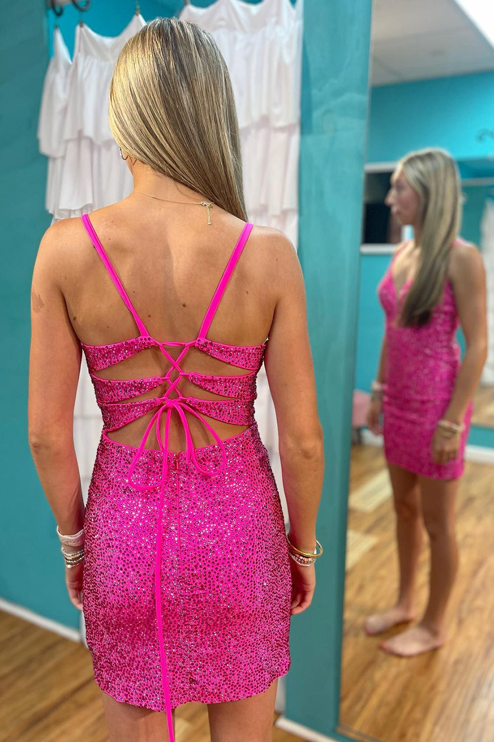 Fuchsia Homecoming Dress Sequin Lace-Up Back Tight Short Prom Dress