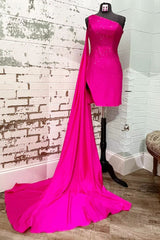 Fuchsia Homecoming Dress Sequin One Shoulder Watteau Train Tight Prom Dress