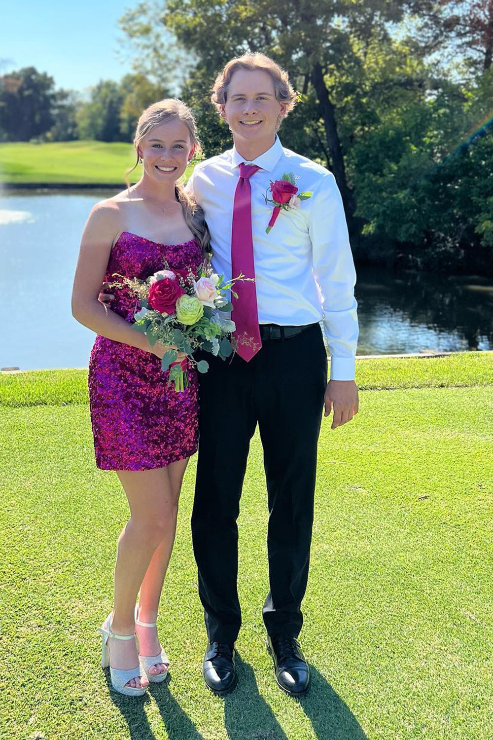 Fuchsia Homecoming Dress Sequin Strapless Sleeveless Tight Cocktail Party Dresses