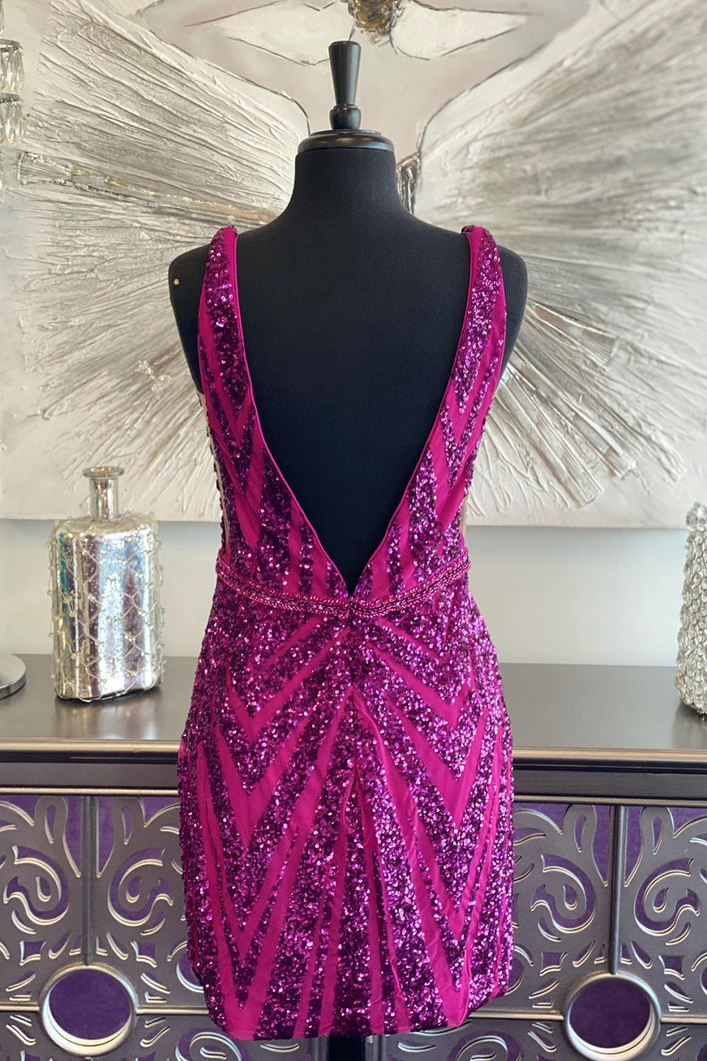 Fuchsia Homecoming Dress Sequined Backless Tight Short Cocktail Dresses