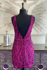 Fuchsia Homecoming Dress Sequined Backless Tight Short Prom Dress