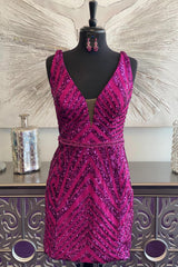 Fuchsia Homecoming Dress Sequined Backless Tight Short Prom Dress