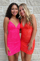Fuchsia Homecoming Dress Sequined Spaghetti Straps Tight Short Cocktail Dresses