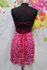 Fuchsia Homecoming Dress Sequined Spaghetti Straps Tight Short Cocktail Dresses