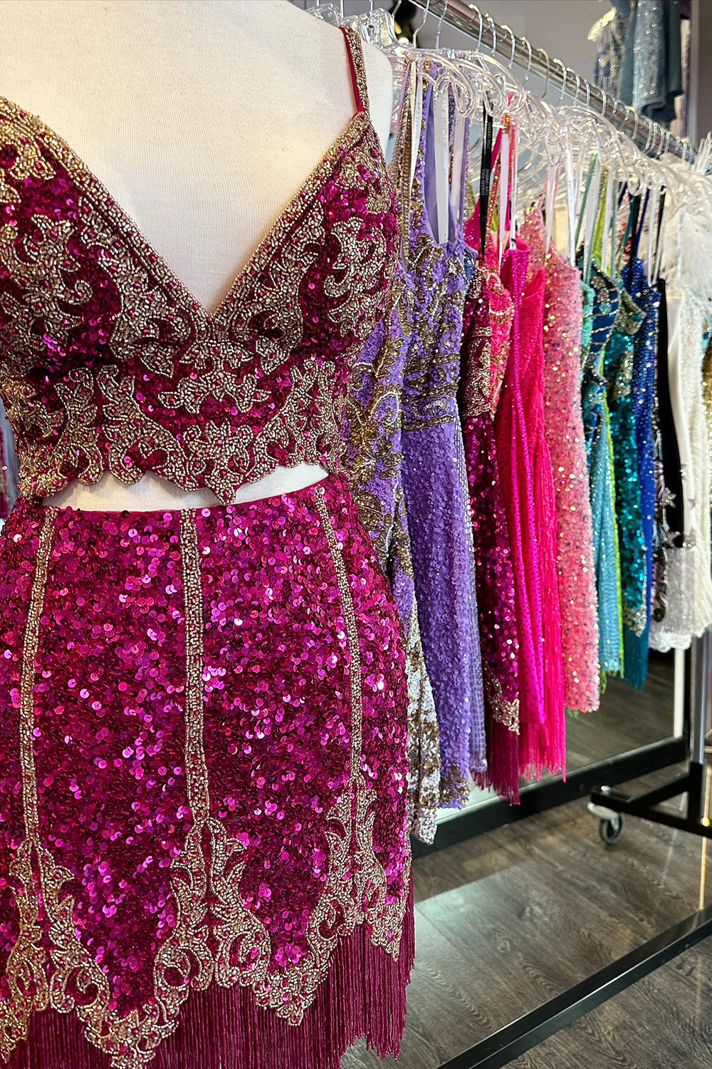 Fuchsia Homecoming Dress Spaghetti Straps Bodycon Short Cocktail Dresses with Fringe