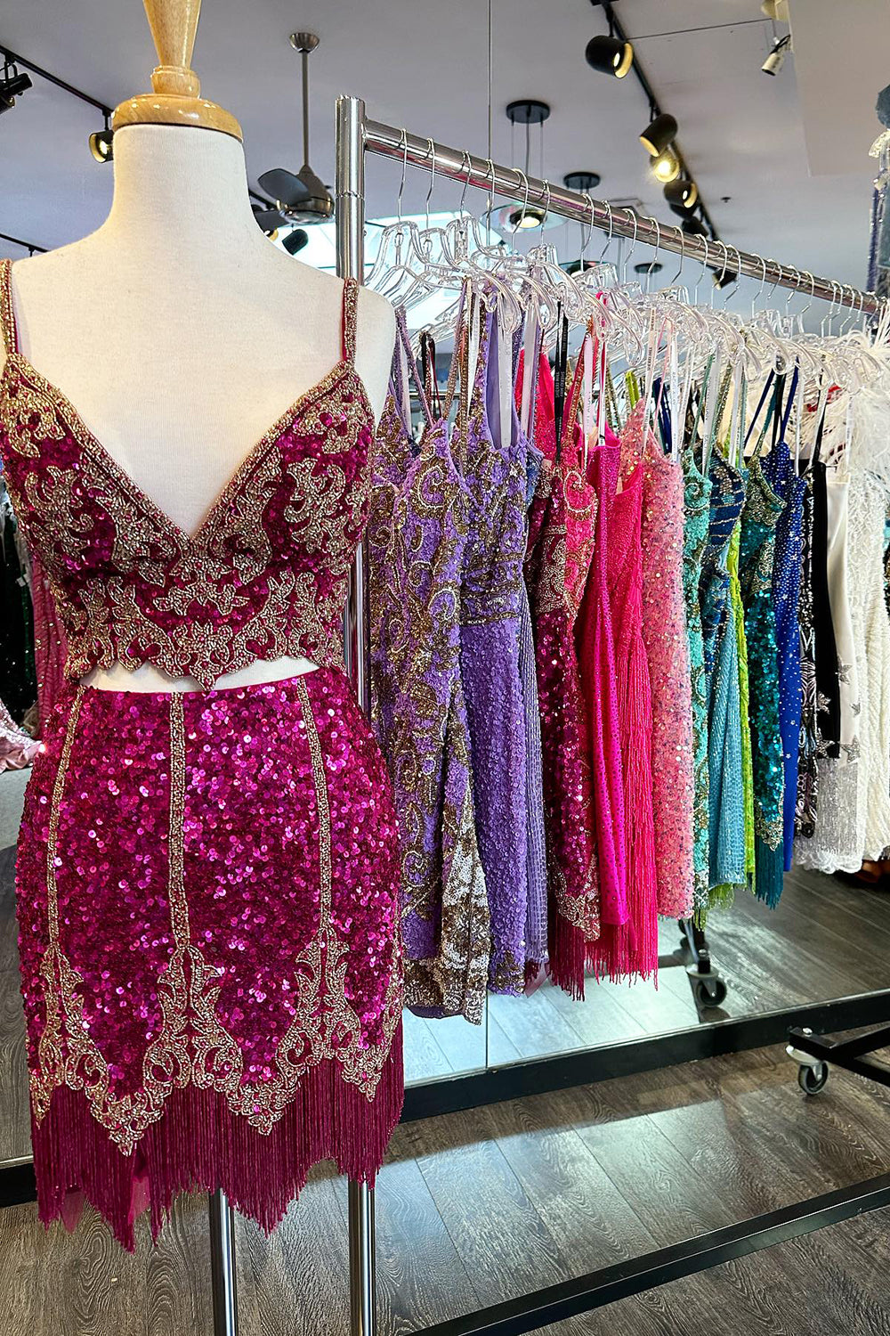 Fuchsia Homecoming Dress Spaghetti Straps Bodycon Short Prom Dress with Fringe