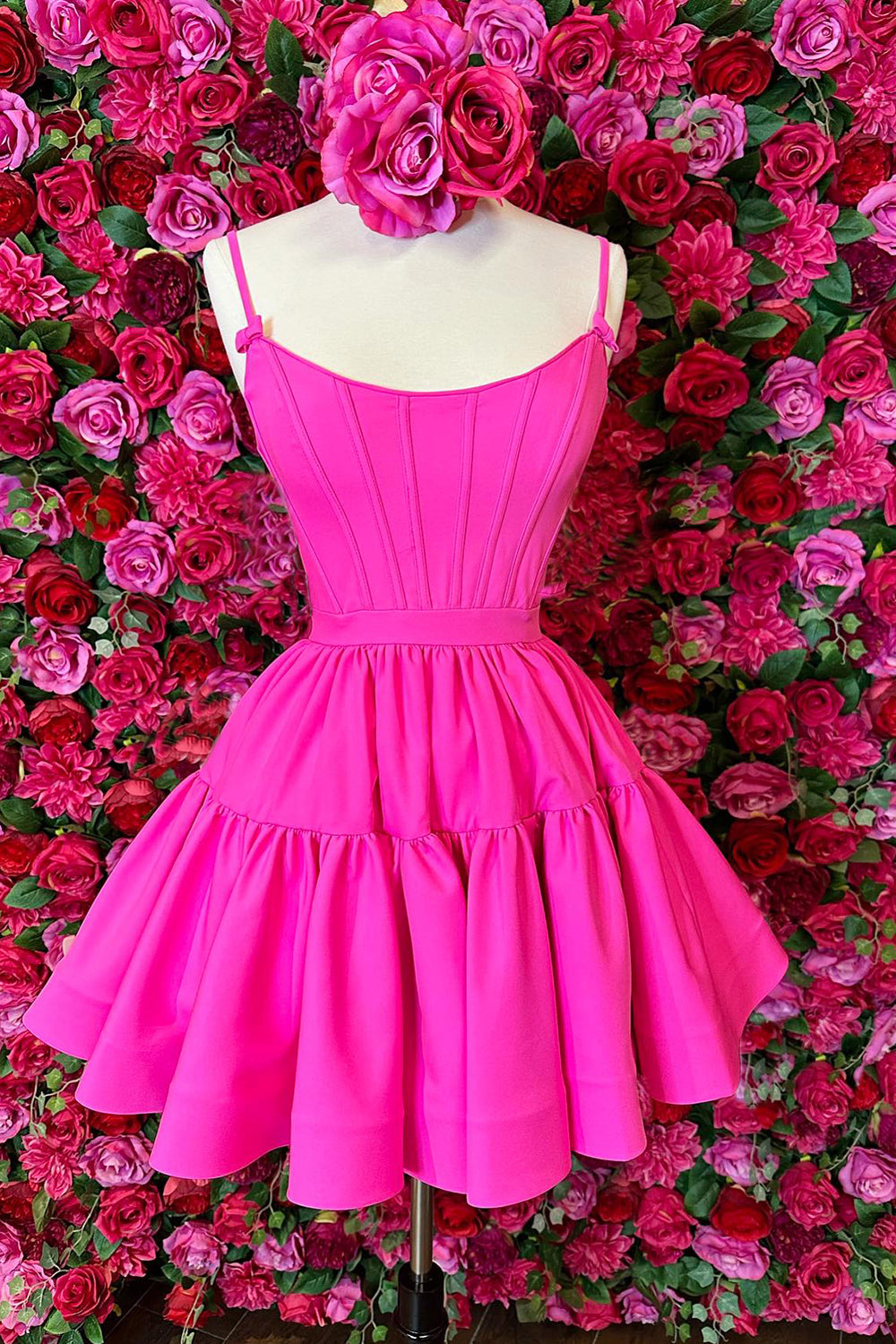 Fuchsia Homecoming Dress Spaghetti Straps Lace-Up Back A-Line Short Satin Cocktail Party Dresses
