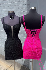 Fuchsia Homecoming Dress Spaghetti Straps Tight Corset Short Prom Dress