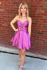 Fuchsia Homecoming Dress Strapless A Line Short Prom Dress With Bow