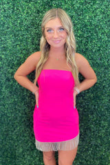 Fuchsia Homecoming Dress Strapless Fringed Tight Short Prom Dress