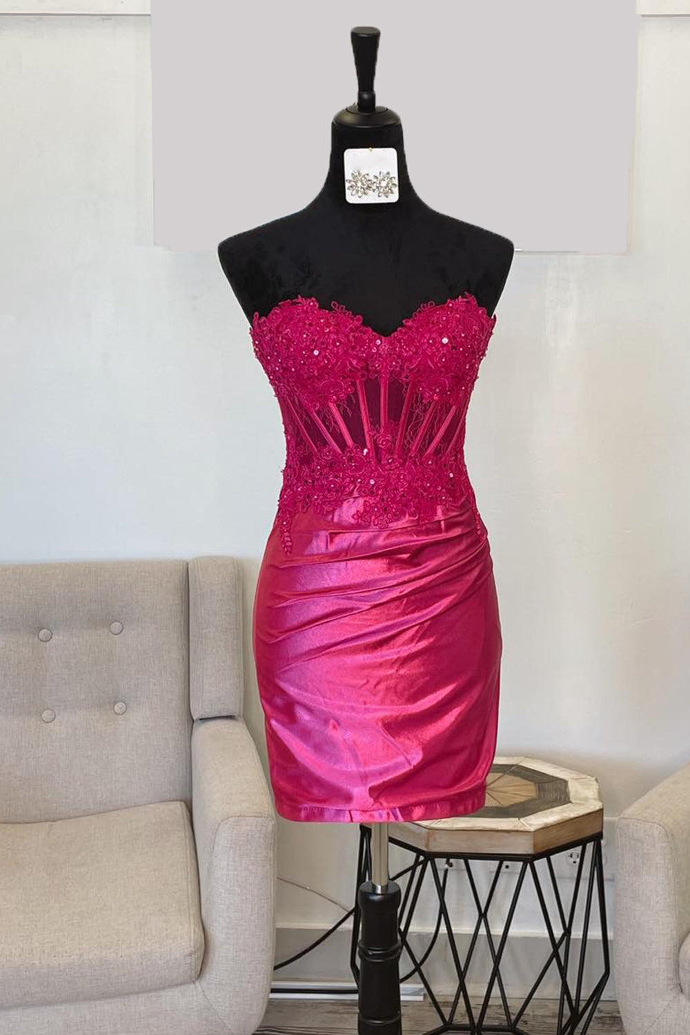Fuchsia Homecoming Dress Strapless Tight Corset Short Cocktail Dresses with Lace