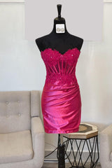 Fuchsia Homecoming Dress Strapless Tight Corset Short Cocktail Dresses with Lace