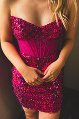 Fuchsia Homecoming Dress Sweetheart Corset Tight Short Prom Dress
