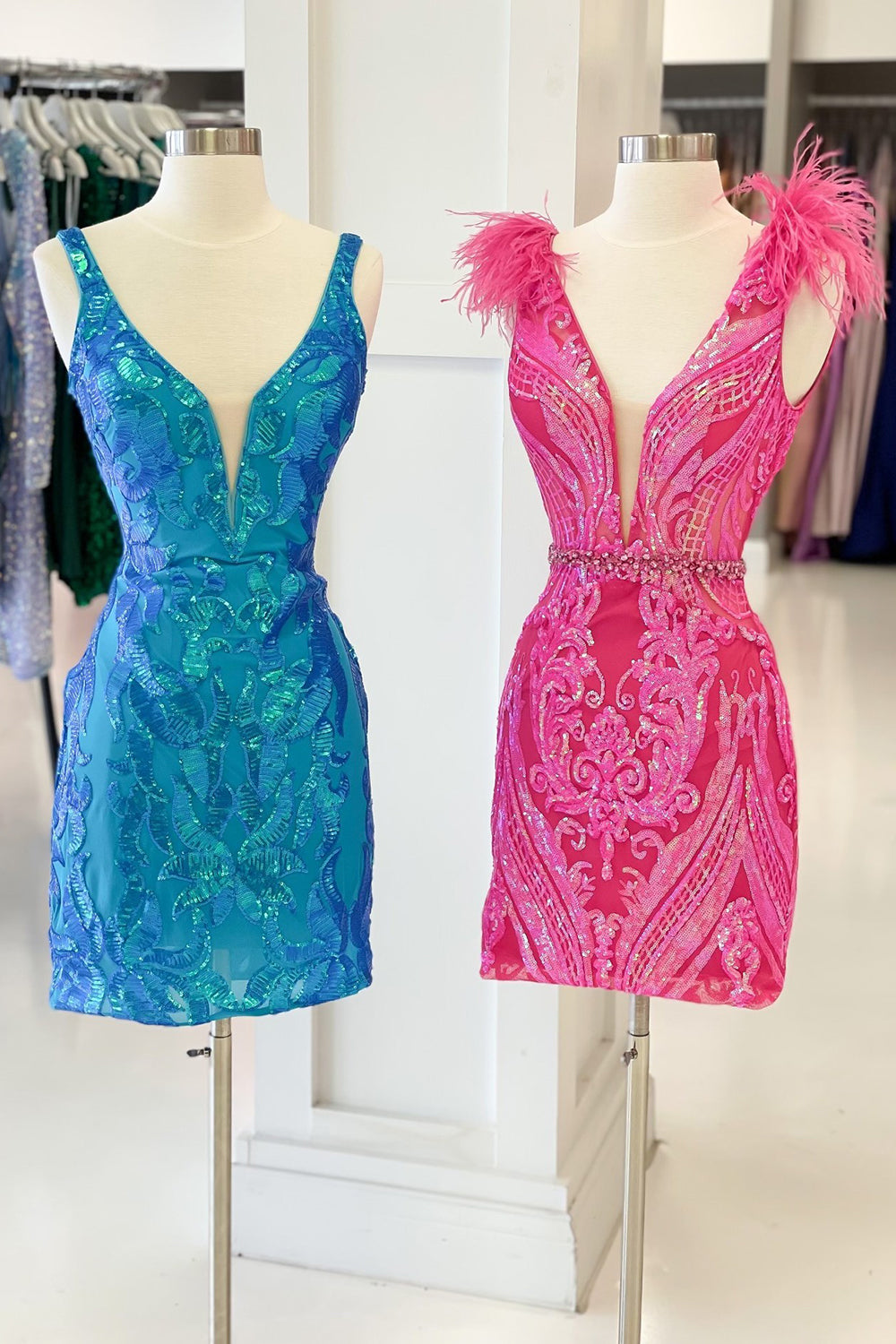 Fuchsia Homecoming Dress V-Neck Sequin Tight Short Cocktail Dresses