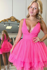 Fuchsia Homecoming Dress V-Neck Tulle A-Line Short Prom Dress