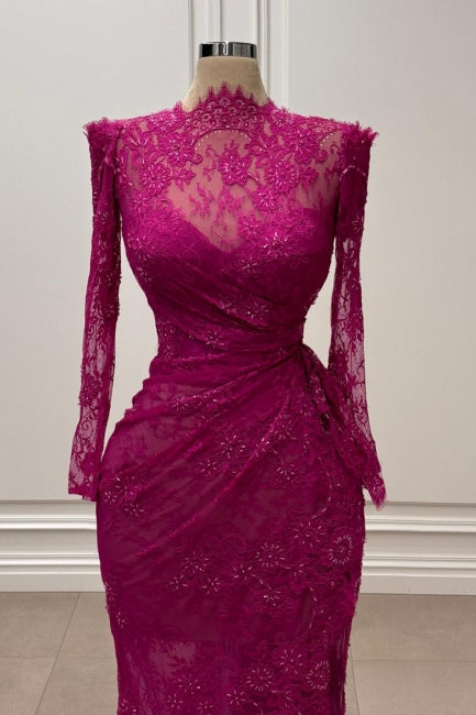 Fuchsia Mermaid High Neck Sleeves Lace Floor Length Simple Formal Dress