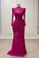 Fuchsia Mermaid High Neck Sleeves Lace Floor Length Simple Formal Dress