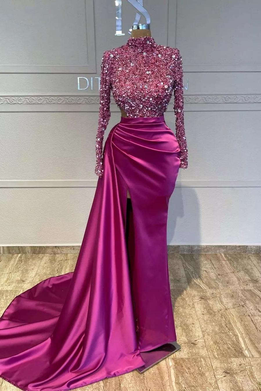 Fuchsia Mermaid Prom Dress Long Sleeve High Neck Satin Sequined Formal Dress
