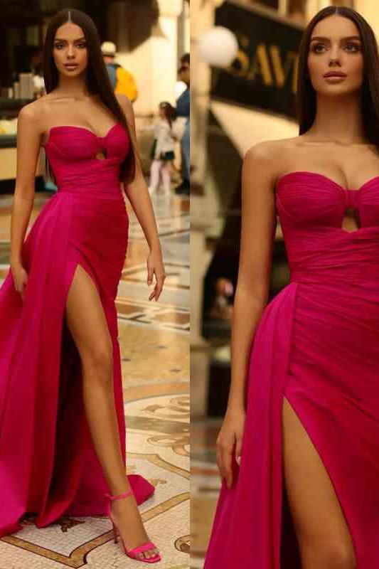 Fuchsia Mermaid Prom Dress Sleeveless Sweetheart Satin Formal Dress