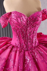 Fuchsia Off the Shoulder QuinceaneraDress Ball Gown Sequin Evening Dress