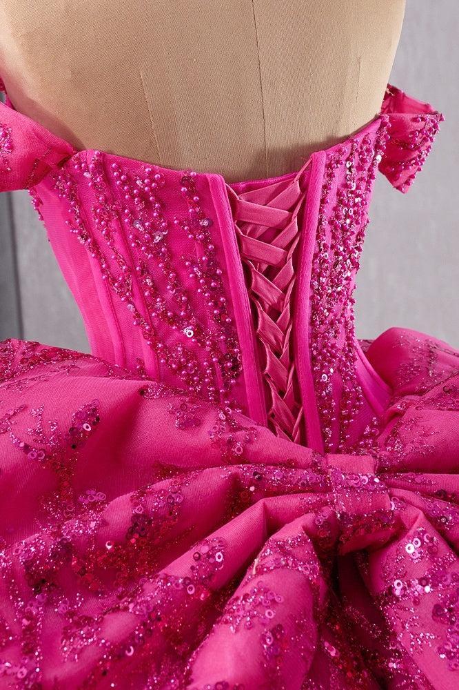 Fuchsia Off the Shoulder QuinceaneraDress Ball Gown Sequin Evening Dress
