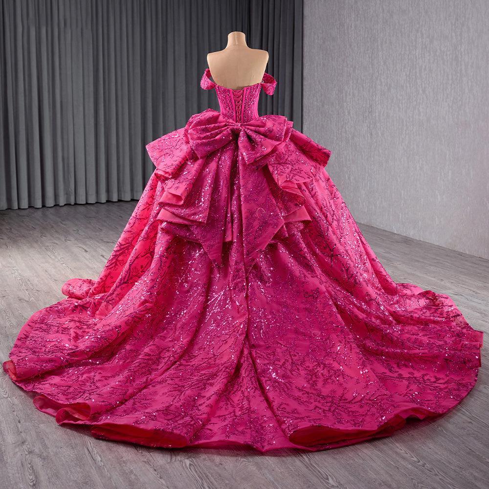 Fuchsia Off the Shoulder QuinceaneraDress Ball Gown Sequin Evening Dress