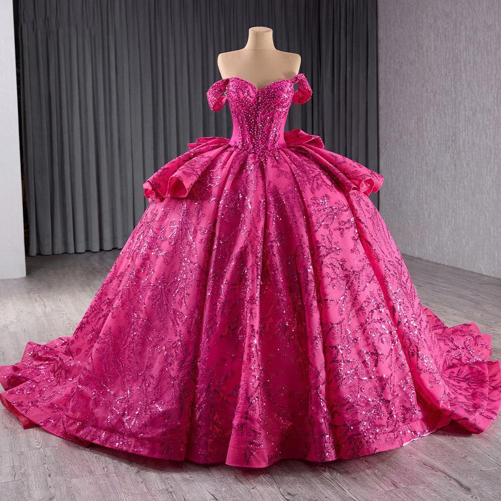 Fuchsia Off the Shoulder Wedding Dress Ball Gown Sequin Evening Dress